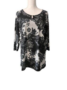 Emily Daniels Black/White Chic Contemporary Flowy Shirt Floral Print Top Women L